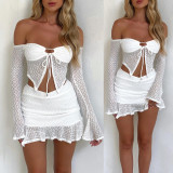 Chest hugging shoulder long sleeved strap irregular short skirt set