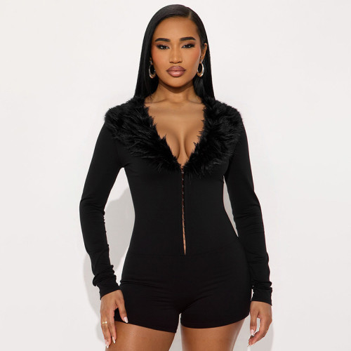 Black faux fur trimmed long sleeved jumpsuit