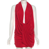 Deep V-neck hanging backpack with exposed buttocks, short skirt dress