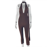 Small foot sports commuting jumpsuit with V-neck strap and trendy jumpsuit