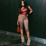 Leather sloping collar sleeveless tight fitting vest pants set