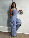 Diagonal shoulder tight waist elastic denim jumpsuit wide leg pants