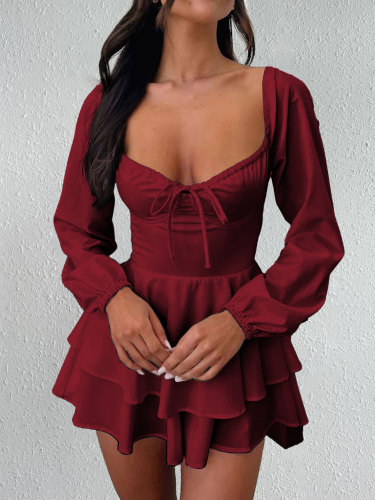 Backless drawstring long sleeved dress jumpsuit