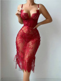 Lace hollow out red chest hugging underwear dress
