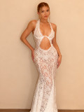 Lace deep V-hook flower tail skirt hanging neck sleeveless long skirt