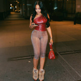 Leather sloping collar sleeveless tight fitting vest pants set