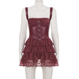 Leather corset with lace panels and puffed cake skirt