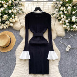 Color blocking metal buckle strap waist cinching knitted dress