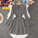 Horn sleeve knitted dress with hollow waist and pleated skirt