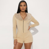 Black faux fur trimmed long sleeved jumpsuit