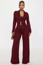 Collar long sleeved lace up shirt and pants set