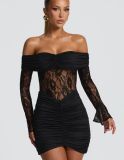 Lace off shoulder dress, see through long sleeved patchwork skirt
