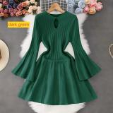 Horn sleeve knitted dress with hollow waist and pleated skirt