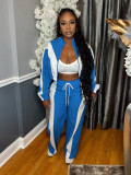 Color blocked zipper cardigan wide leg drawstring sports pants two-piece set