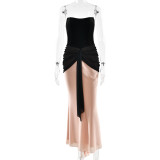 Wrinkled ribbon high waisted long skirt with chest wrapped waist and contrasting patchwork dress