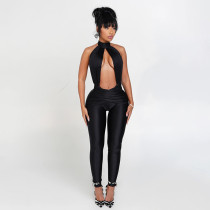 Button hanging neck hollow out backless high waisted jumpsuit