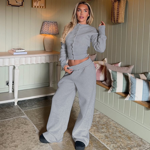 Solid color breasted cardigan two-piece hoodie set
