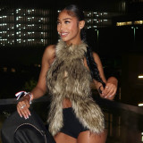 Hairy neck tie rope backless sleeveless slit crop top vest