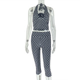 Two piece set of polka dot printed neck hanging top, small foot tight pants