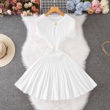 Pit stripe hollow round neck short sleeved knitted skirt A-line dress