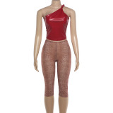 Leather sloping collar sleeveless tight fitting vest pants set