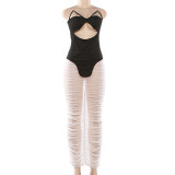 Strapless hollow top pleated see through skirt set