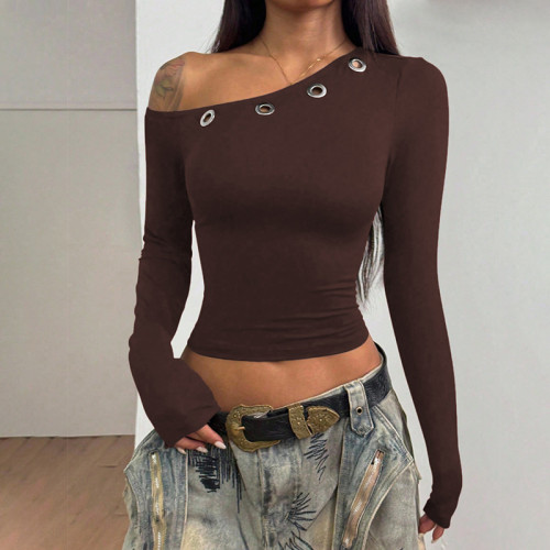 Slanted collar, off shoulder, corns, crop top, long sleeved T-shirt