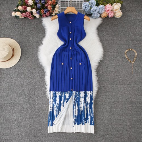 Metal single breasted hollow out sleeveless knitted long dress