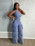 Diagonal shoulder tight waist elastic denim jumpsuit wide leg pants