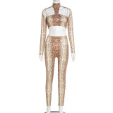 Serpentine print exposed navel long sleeved top and pants two-piece set