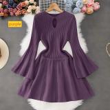 Horn sleeve knitted dress with hollow waist and pleated skirt