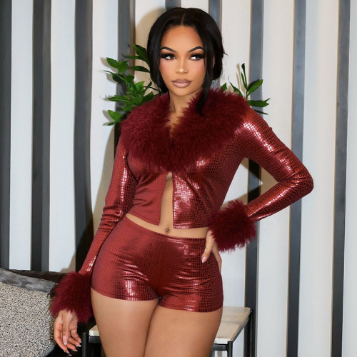 Python pattern hot stamping fur long sleeved top, tight shorts two-piece set