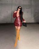 Red deep V-neck pleated leather one-piece dress