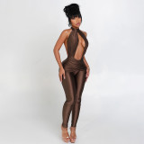 Button hanging neck hollow out backless high waisted jumpsuit