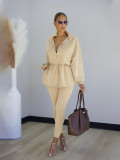 Collar drawstring jacket, elastic waist pants two-piece set