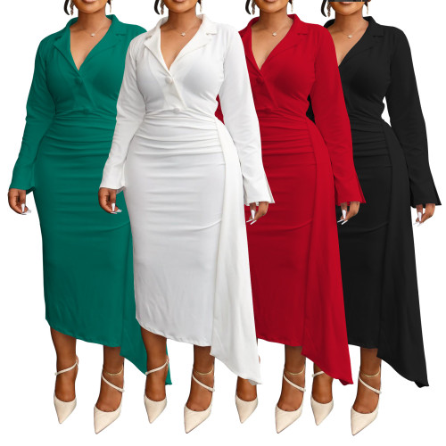 V-neck suit patchwork pleated irregular dress