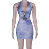 Hanging neck tie backless deep V-dress