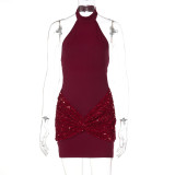 Sequin patchwork hanging neck, revealing backpack buttocks dress