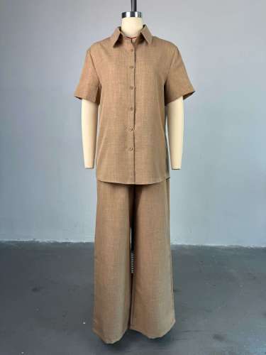 Collar loose short sleeved shirt wide leg long pants set