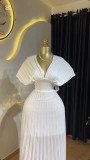 Crimson V-neck bat sleeve high waisted A-line dress long skirt