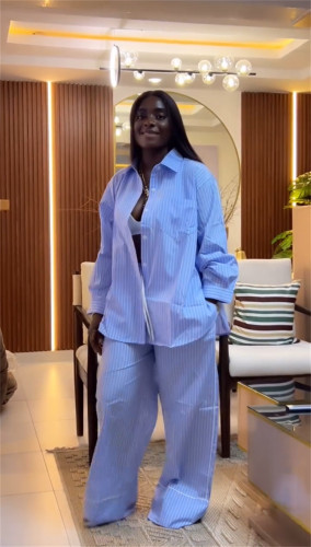 Collar loose striped shirt wide leg pants set
