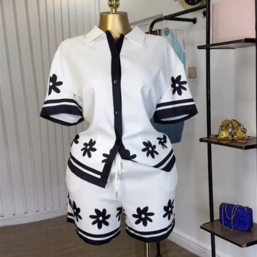 Collar color blocked printed shirt wide leg shorts set