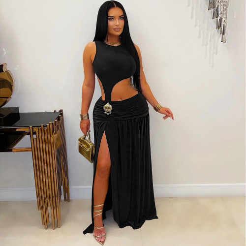 Sleeveless open cut dress with exposed navel