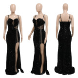 Slips, sleeveless sequin dress, slit long skirt