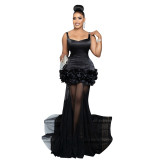 Strap flower mesh dress with patchwork long skirt, sexy suspender with rhinestones wrapped around the buttocks