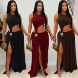 Sleeveless open cut dress with exposed navel