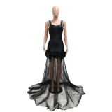 Strap flower mesh dress with patchwork long skirt, sexy suspender with rhinestones wrapped around the buttocks