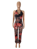 Leopard print flower positioning print neck jumpsuit