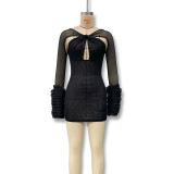 Mesh cross hollow plush sleeve wrapped hip dress