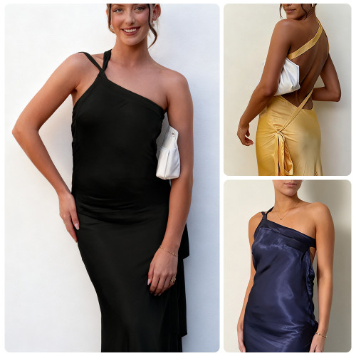 Sleeveless diagonal collar dress with exposed back and hollowed out waist cinching long skirt